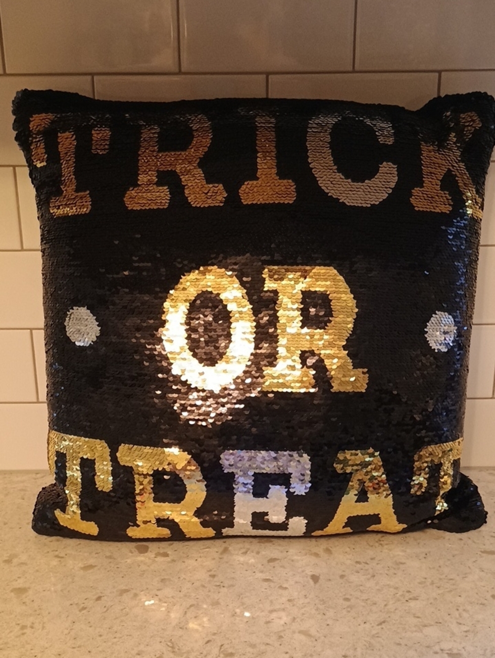 Pier 1 Reversible Black and Gold Sequin Holiday Pillow - "Trick or Treat"/"BOO"